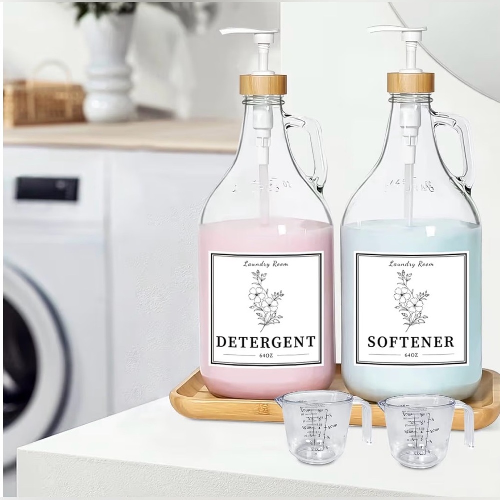 Set of 2 Farmhouse Decor 64oz Glass Laundry Dispensers (10Pieces + 9 Labels) NIB